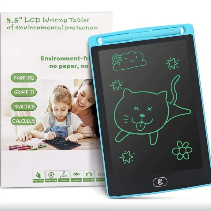 Tableta LCD azul de 8,5 pulgadas junto a su caja