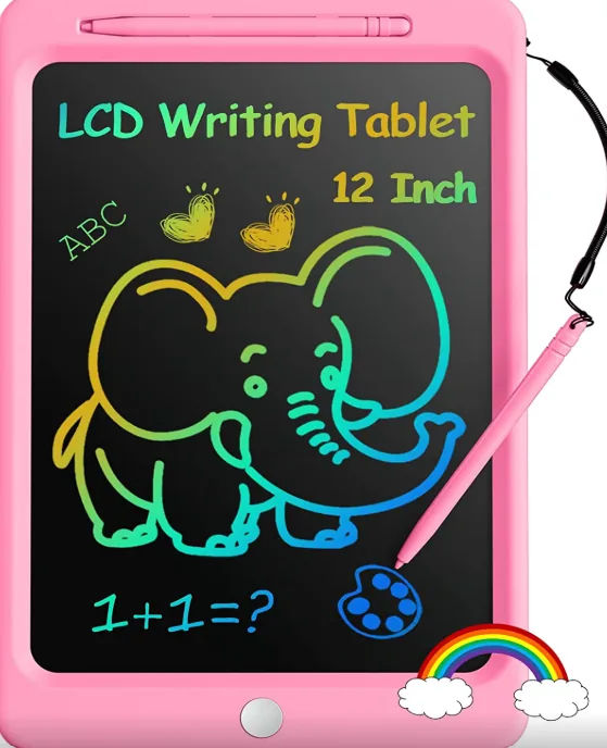 Tableta LCD rosa con un elefante dibujado en colores y el lápiz sujeto con cordón