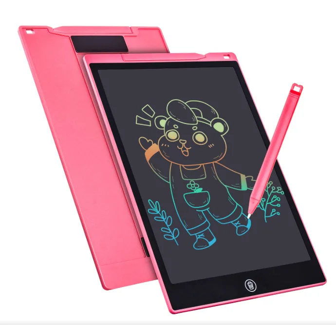 Tableta LCD rosa de 12 pulgadas con un dibujo de colores y su lápiz